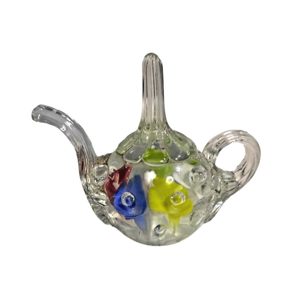 Vtg Joe St Clair‎ art glass teapot paperweight ring holder Pastel flowers - Picture 5 of 11